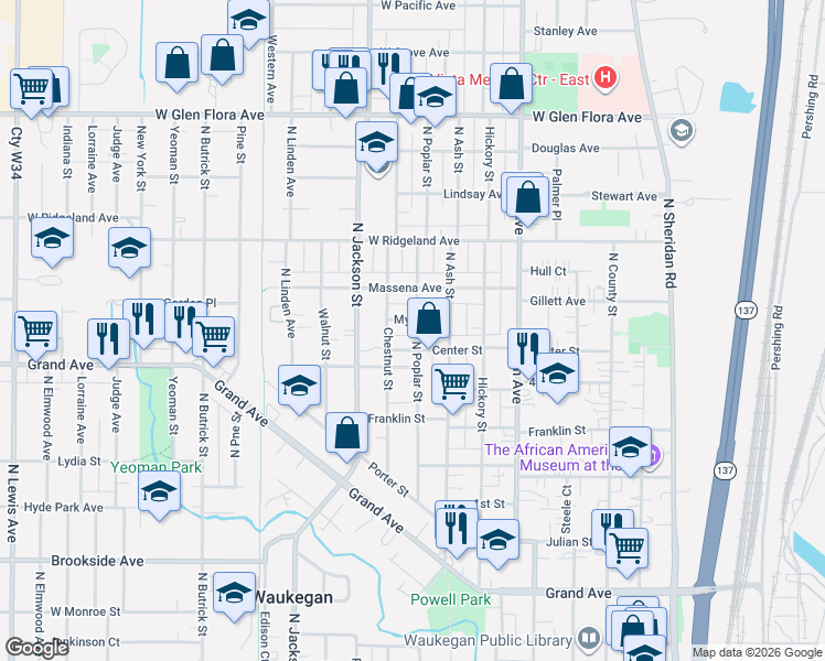 map of restaurants, bars, coffee shops, grocery stores, and more near 831 North Poplar Street in Waukegan