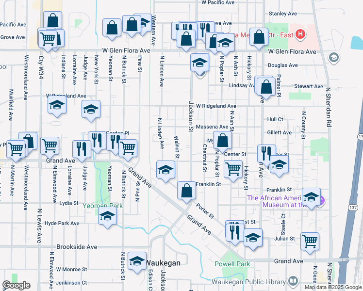map of restaurants, bars, coffee shops, grocery stores, and more near 771 Walnut Street in Waukegan