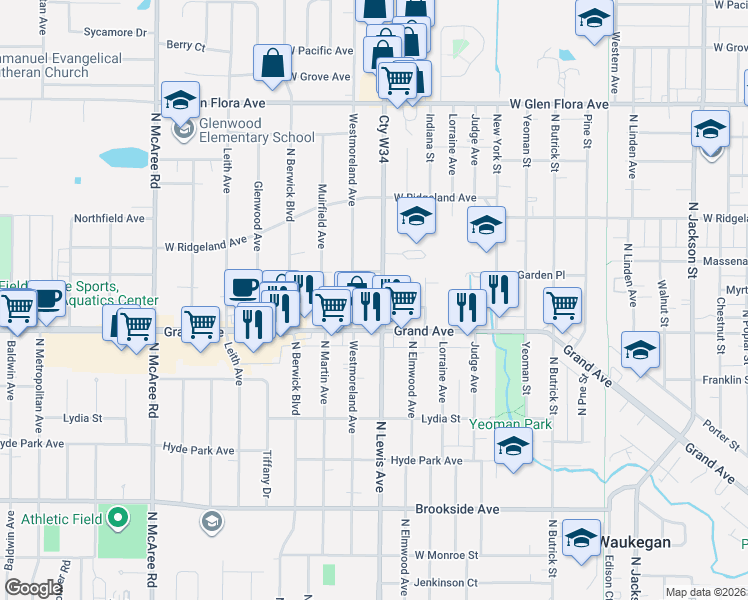 map of restaurants, bars, coffee shops, grocery stores, and more near 815 Westmoreland Avenue in Waukegan