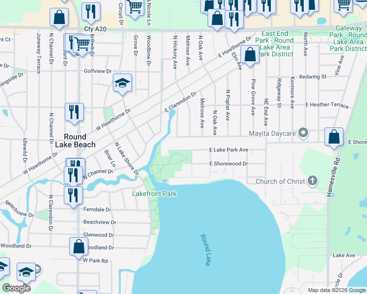 map of restaurants, bars, coffee shops, grocery stores, and more near 1309 North Hickory Avenue in Round Lake Beach