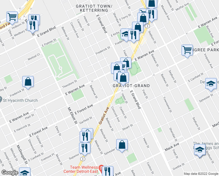 map of restaurants, bars, coffee shops, grocery stores, and more near 4751 Canton Street in Detroit