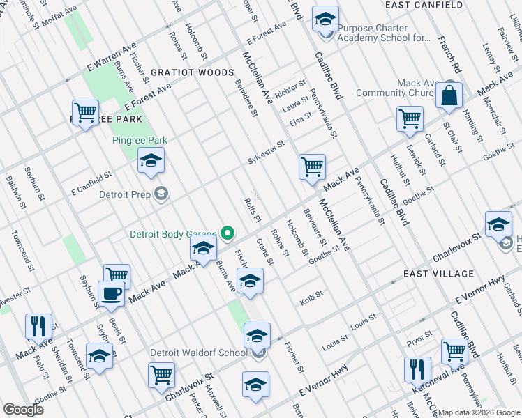 map of restaurants, bars, coffee shops, grocery stores, and more near 3807 Rohns Street in Detroit