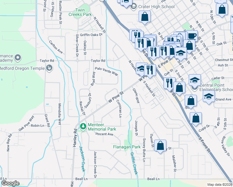 map of restaurants, bars, coffee shops, grocery stores, and more near 196 Nadine Lane in Central Point