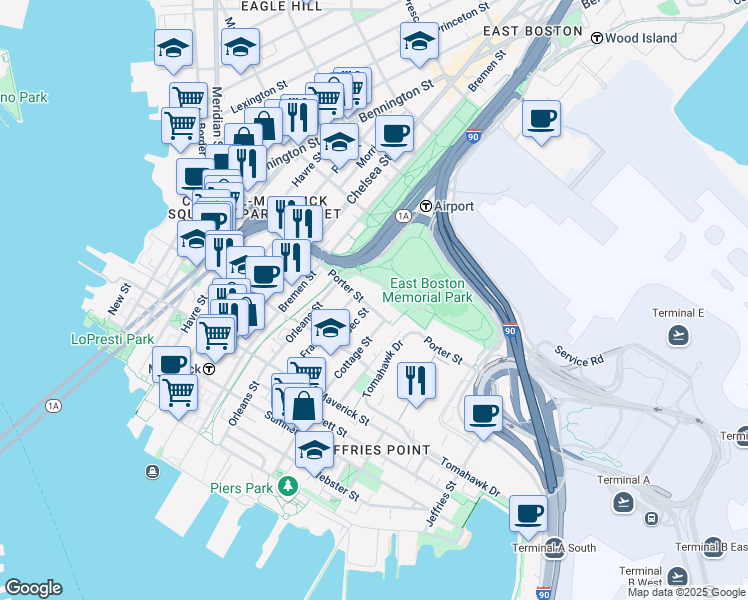 map of restaurants, bars, coffee shops, grocery stores, and more near 156 Porter Street in Boston