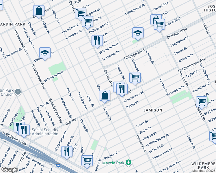 map of restaurants, bars, coffee shops, grocery stores, and more near 3726 Edison Street in Detroit