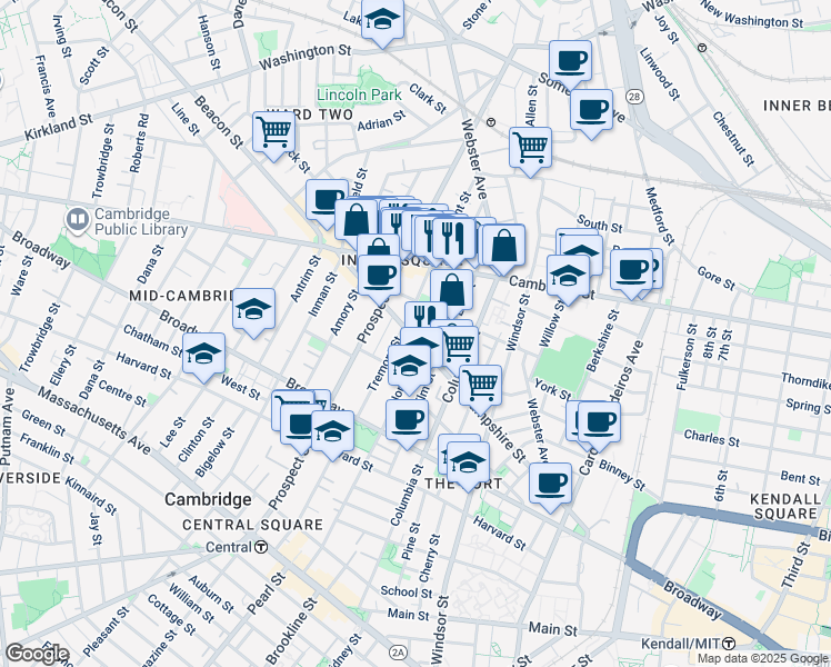 map of restaurants, bars, coffee shops, grocery stores, and more near 147 Hampshire Street in Cambridge