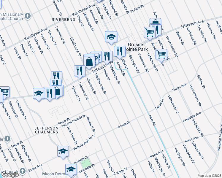 map of restaurants, bars, coffee shops, grocery stores, and more near 761 Philip Street in Detroit