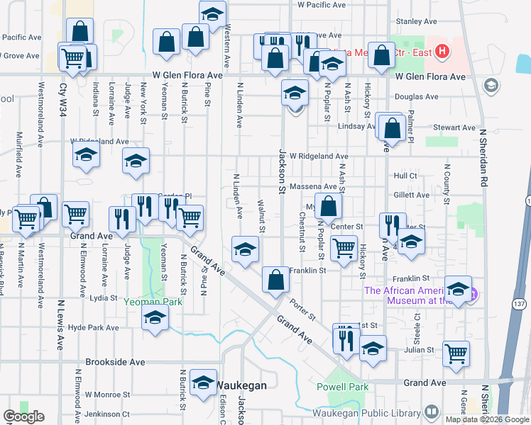 map of restaurants, bars, coffee shops, grocery stores, and more near 739 Walnut Street in Waukegan