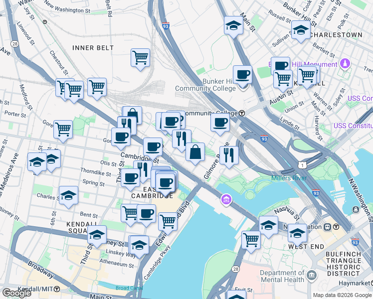 map of restaurants, bars, coffee shops, grocery stores, and more near Earhart St in Mid-Cambridge