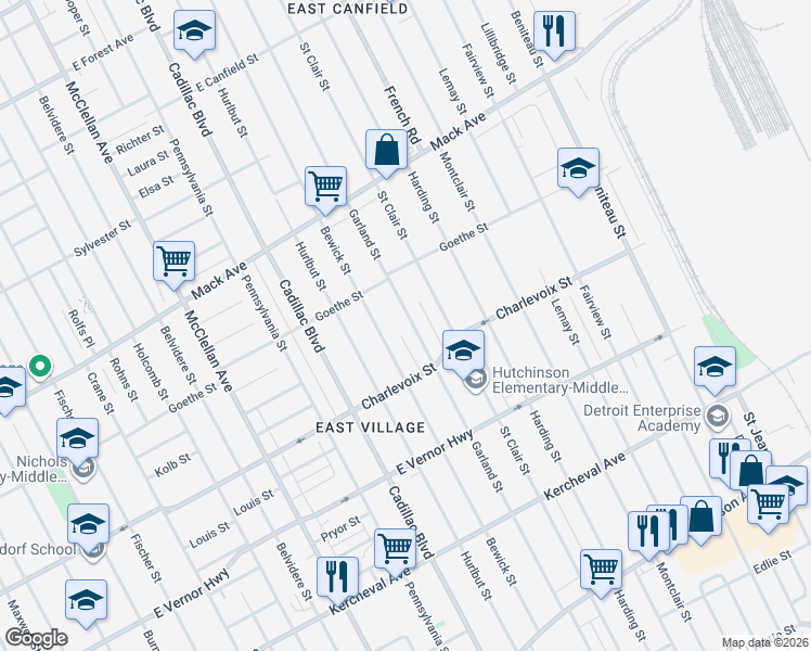 map of restaurants, bars, coffee shops, grocery stores, and more near 3063 Garland Street in Detroit
