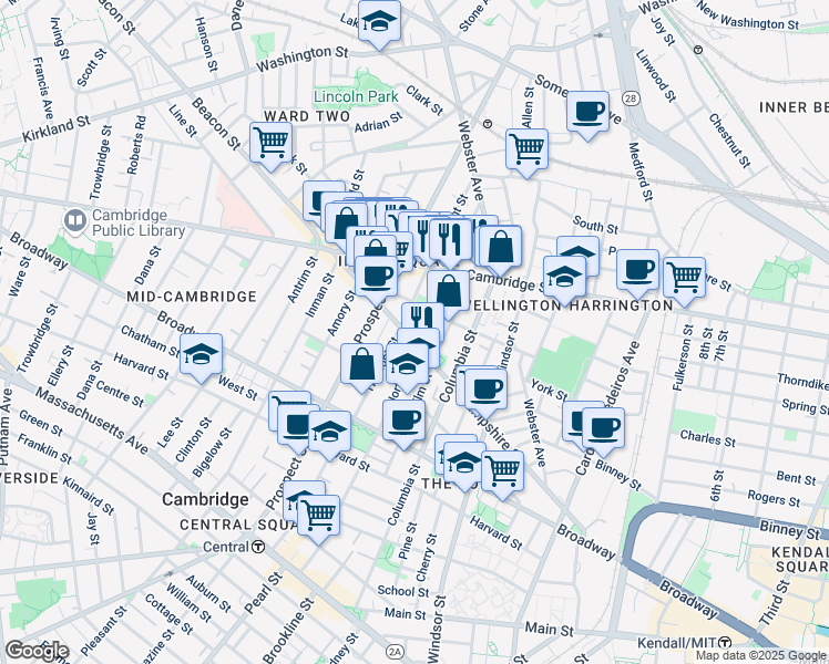 map of restaurants, bars, coffee shops, grocery stores, and more near 147 Hampshire Street in Cambridge
