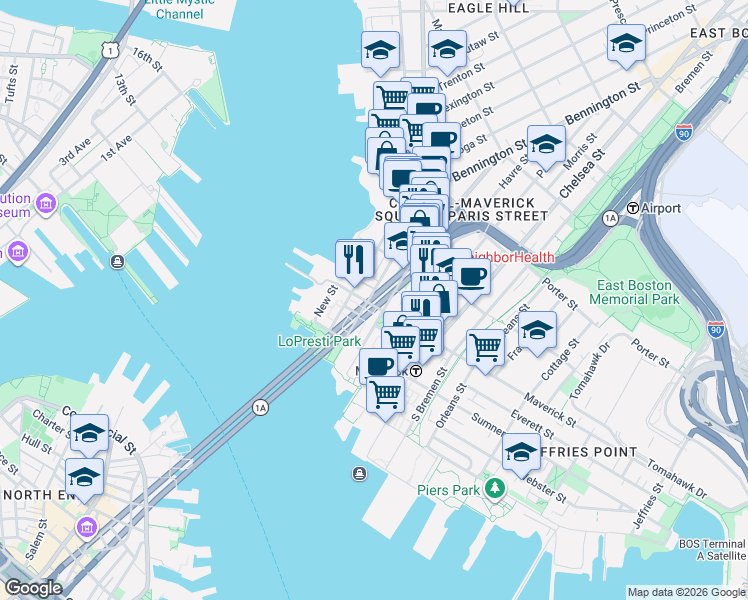 map of restaurants, bars, coffee shops, grocery stores, and more near 72 Liverpool Street in Boston