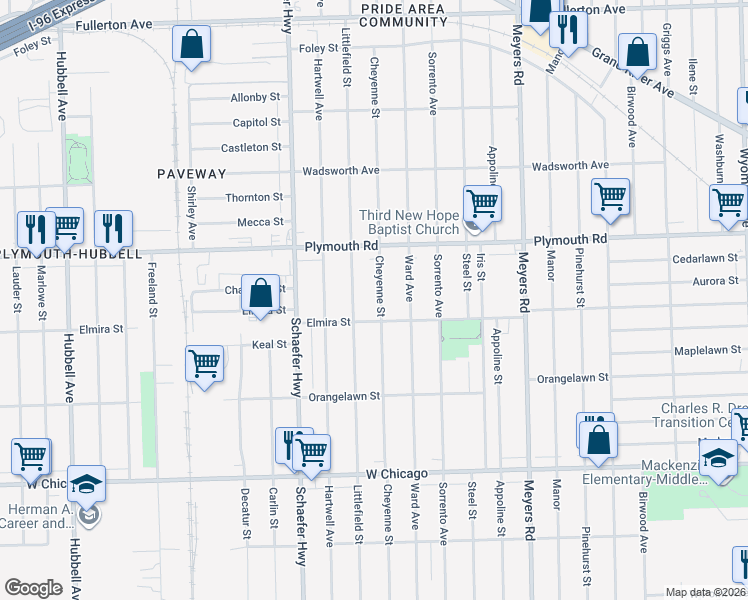 map of restaurants, bars, coffee shops, grocery stores, and more near 11347 Cheyenne Street in Detroit
