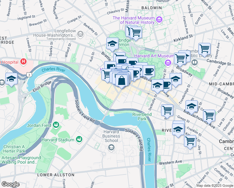map of restaurants, bars, coffee shops, grocery stores, and more near 79 John F. Kennedy Street in Cambridge