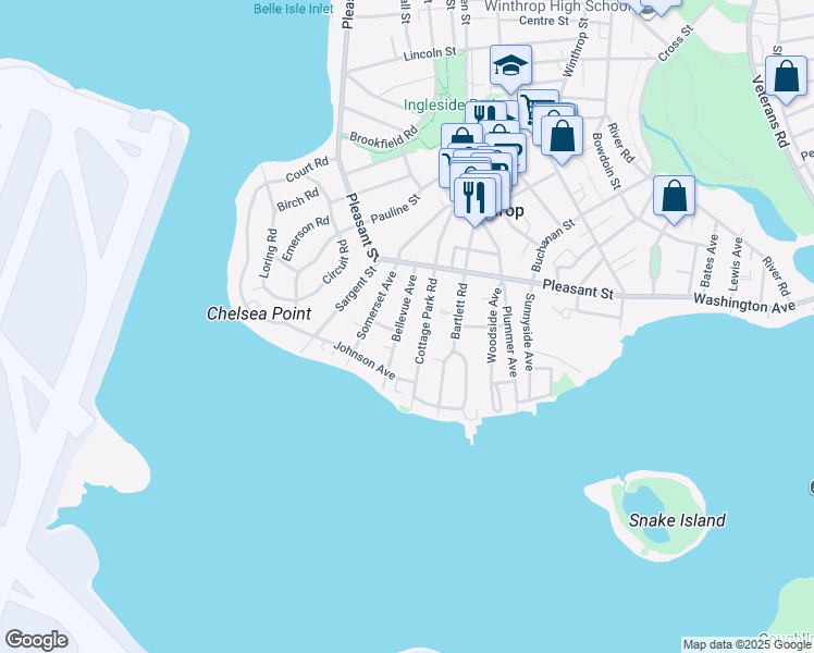 map of restaurants, bars, coffee shops, grocery stores, and more near 141 Cottage Park Road in Winthrop