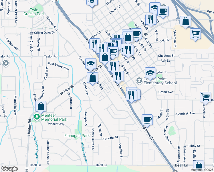 map of restaurants, bars, coffee shops, grocery stores, and more near 199 South Haskell Street in Central Point