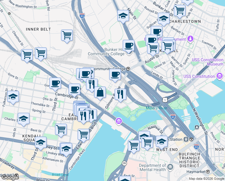 map of restaurants, bars, coffee shops, grocery stores, and more near 20 Child Street in Cambridge