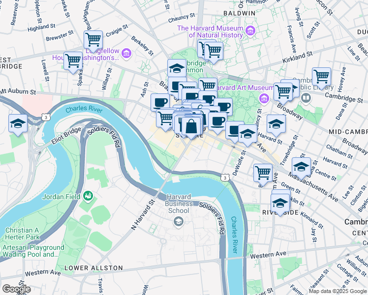 map of restaurants, bars, coffee shops, grocery stores, and more near in Cambridge