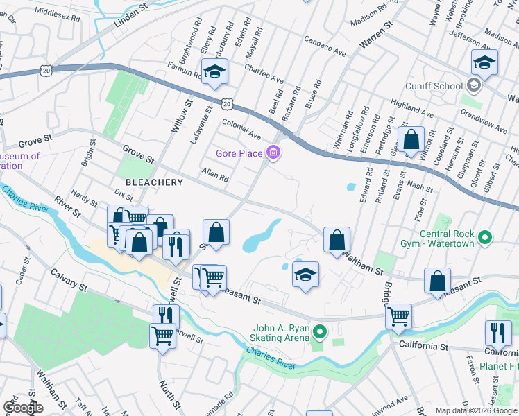 map of restaurants, bars, coffee shops, grocery stores, and more near 22 Grove Street in Waltham