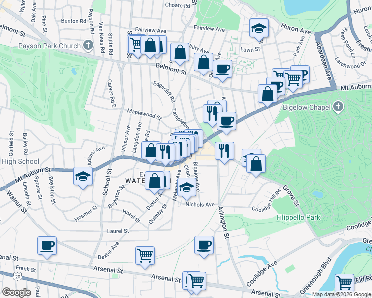 map of restaurants, bars, coffee shops, grocery stores, and more near 22 Kimball Road in Watertown