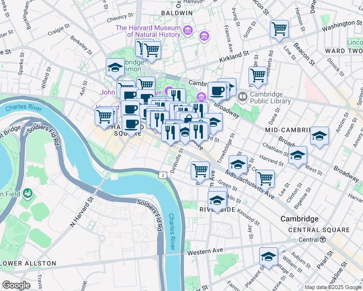 map of restaurants, bars, coffee shops, grocery stores, and more near 44 Bow Street in Cambridge