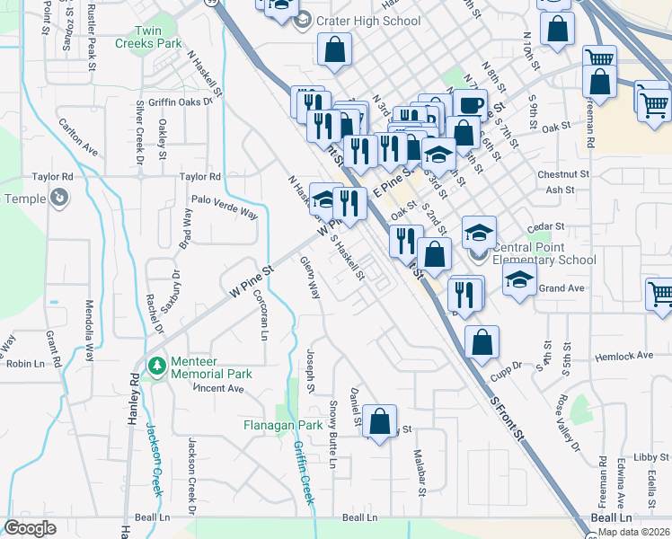 map of restaurants, bars, coffee shops, grocery stores, and more near 56 South Haskell Street in Central Point