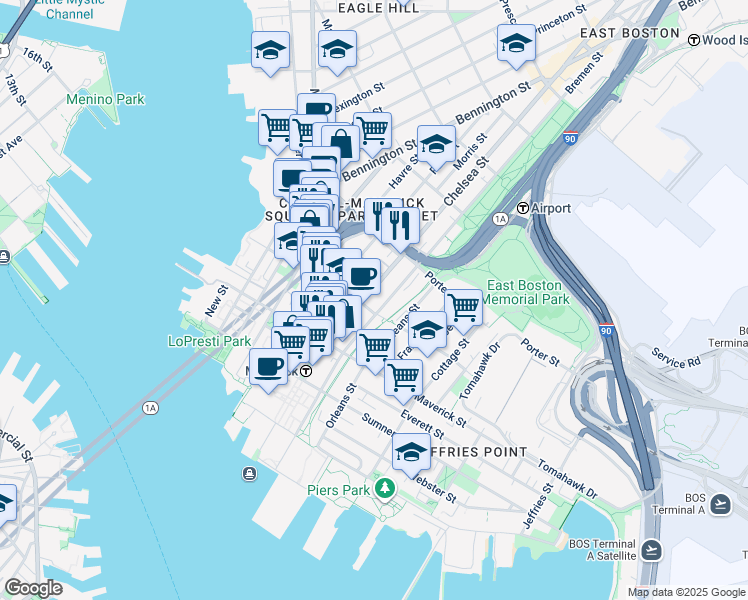 map of restaurants, bars, coffee shops, grocery stores, and more near 76 Chelsea Street in Boston