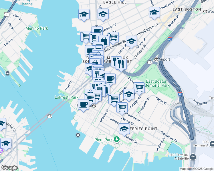 map of restaurants, bars, coffee shops, grocery stores, and more near 76 Chelsea Street in Boston
