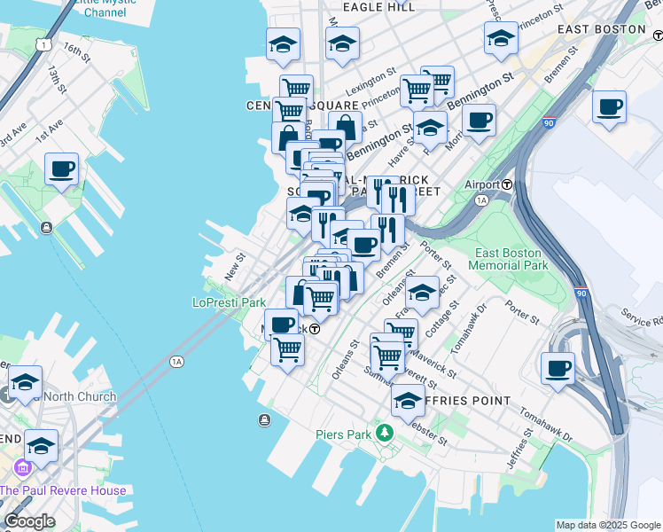 map of restaurants, bars, coffee shops, grocery stores, and more near 86 Paris Street in Boston