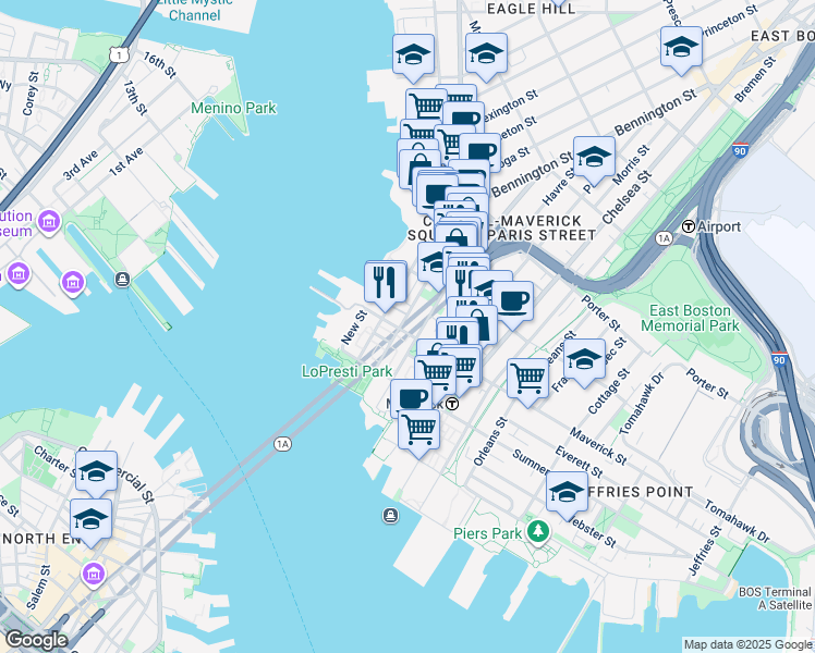 map of restaurants, bars, coffee shops, grocery stores, and more near 72 Liverpool Street in Boston