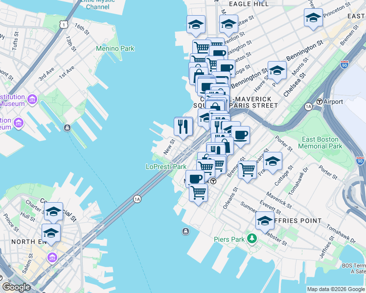 map of restaurants, bars, coffee shops, grocery stores, and more near 72 Liverpool Street in Boston