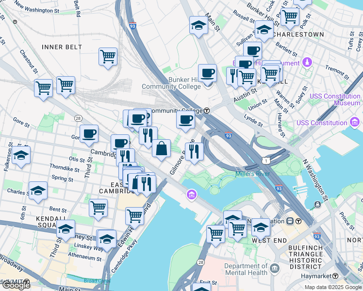 map of restaurants, bars, coffee shops, grocery stores, and more near 450 Water Street in Cambridge