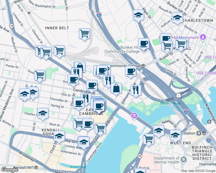 map of restaurants, bars, coffee shops, grocery stores, and more near 219 Jacobs Street in Cambridge