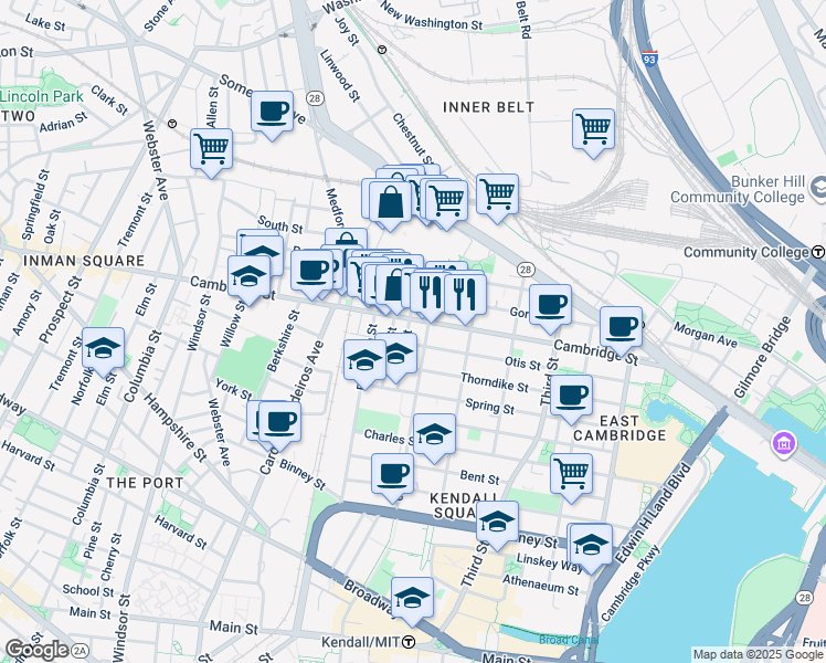 map of restaurants, bars, coffee shops, grocery stores, and more near 9 6th Street in Cambridge