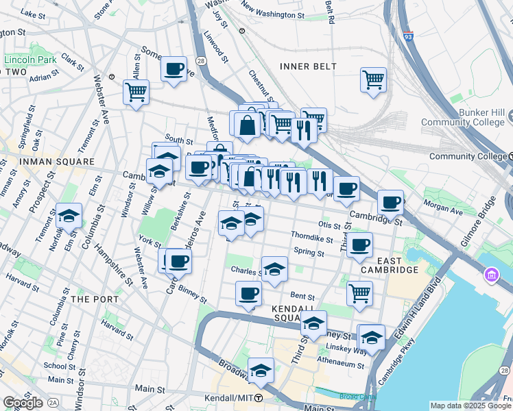 map of restaurants, bars, coffee shops, grocery stores, and more near 9 6th Street in Cambridge