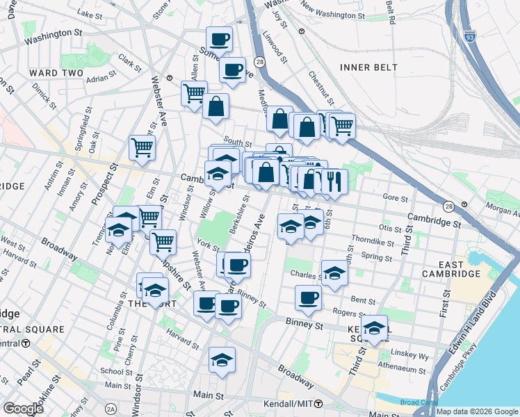 map of restaurants, bars, coffee shops, grocery stores, and more near 746 Cambridge Street in Cambridge