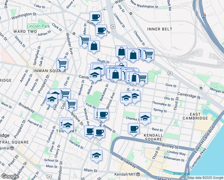 map of restaurants, bars, coffee shops, grocery stores, and more near 746 Cambridge Street in Cambridge