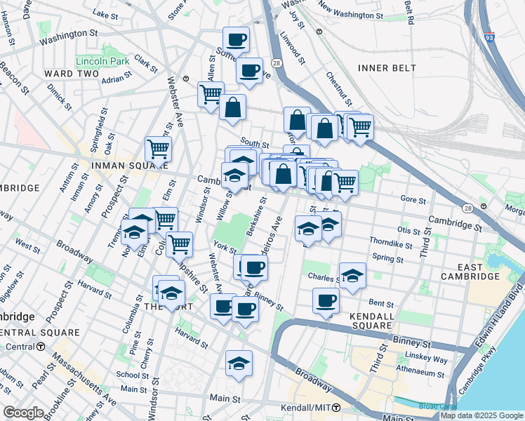 map of restaurants, bars, coffee shops, grocery stores, and more near 746 Cambridge Street in Cambridge