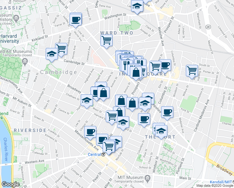map of restaurants, bars, coffee shops, grocery stores, and more near 104 Inman Street in Cambridge