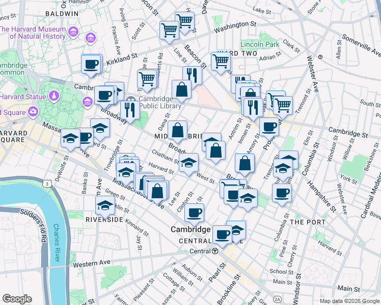 map of restaurants, bars, coffee shops, grocery stores, and more near 18 Highland Avenue in Cambridge