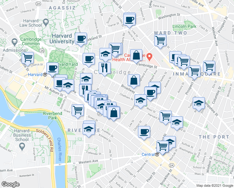 map of restaurants, bars, coffee shops, grocery stores, and more near 43 Dana Street in Cambridge