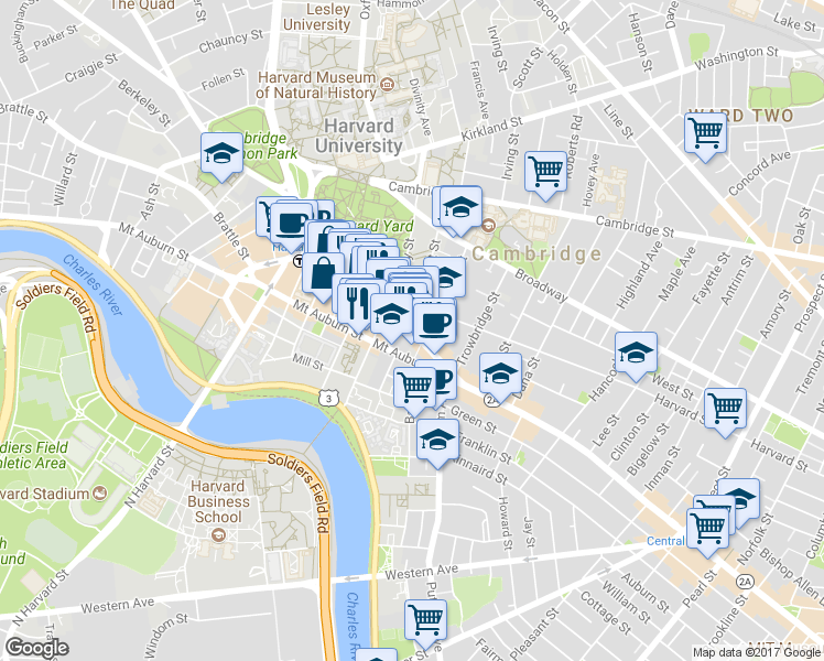 map of restaurants, bars, coffee shops, grocery stores, and more near in Cambridge