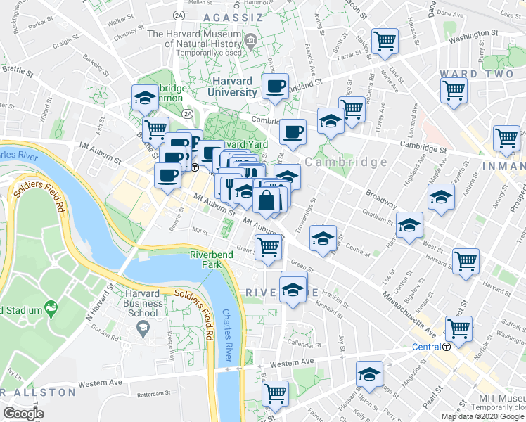 map of restaurants, bars, coffee shops, grocery stores, and more near in Cambridge