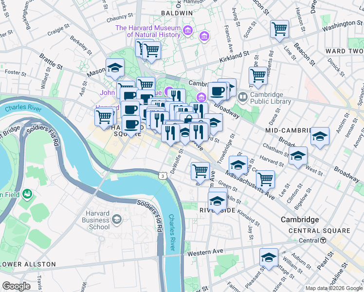 map of restaurants, bars, coffee shops, grocery stores, and more near 22 Plympton Street in Cambridge