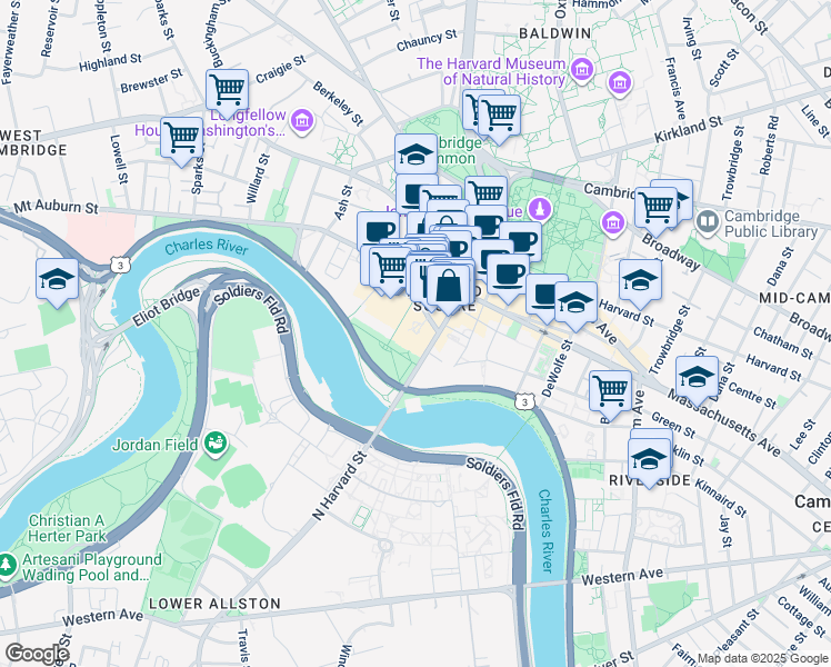 map of restaurants, bars, coffee shops, grocery stores, and more near in Cambridge