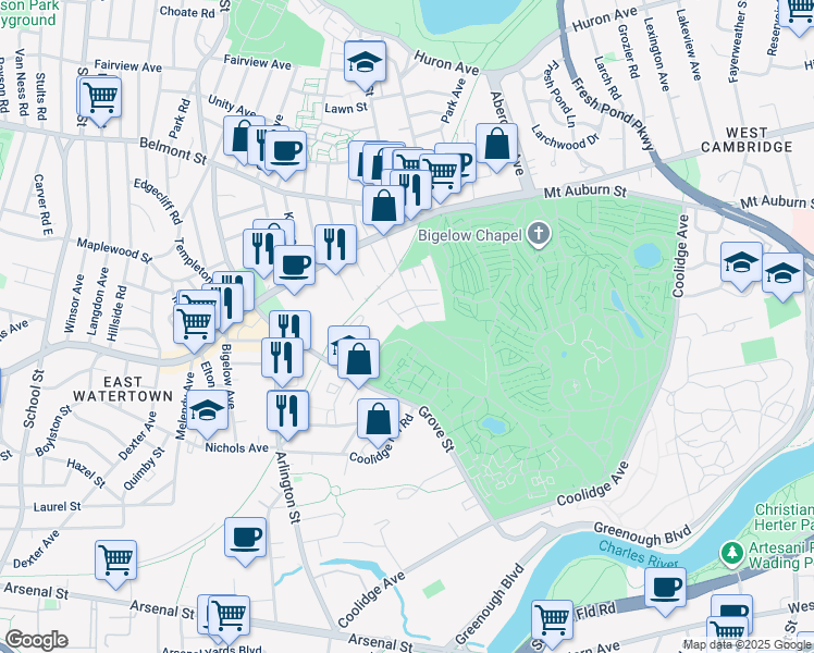 map of restaurants, bars, coffee shops, grocery stores, and more near 8 Cottage Lane in Watertown