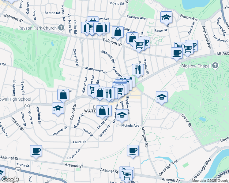 map of restaurants, bars, coffee shops, grocery stores, and more near 57 Clayton Street in Watertown