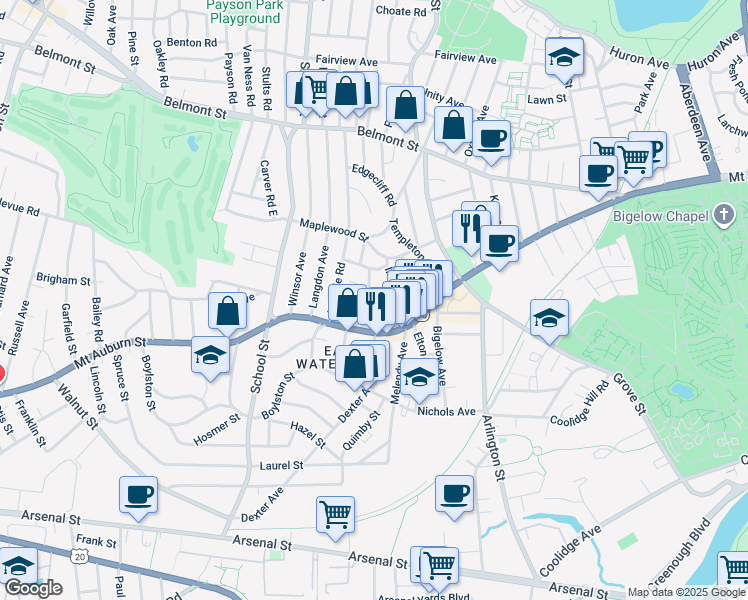 map of restaurants, bars, coffee shops, grocery stores, and more near 57 Clayton Street in Watertown