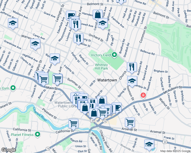 map of restaurants, bars, coffee shops, grocery stores, and more near 173 Palfrey Street in Watertown