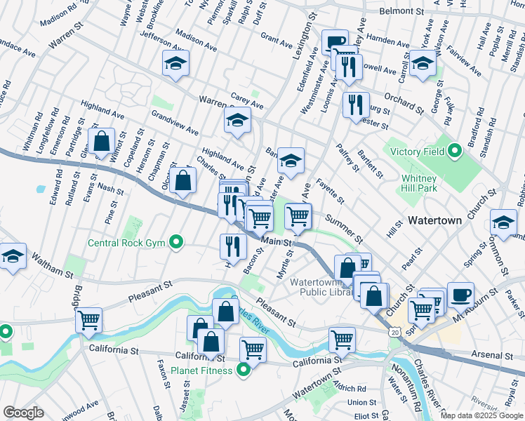 map of restaurants, bars, coffee shops, grocery stores, and more near 54 Westminster Avenue in Watertown